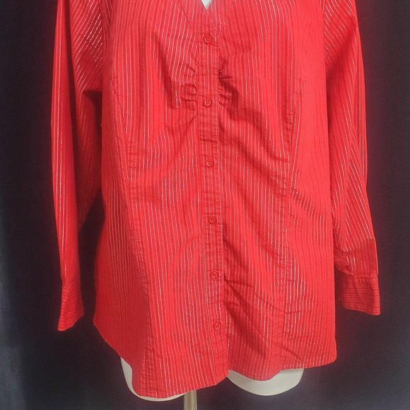 Red with Silver/BLK.Vertical Stripes Fashion Bug Woman's Button Up Blouse SZ. 1X - Picture 2 of 10